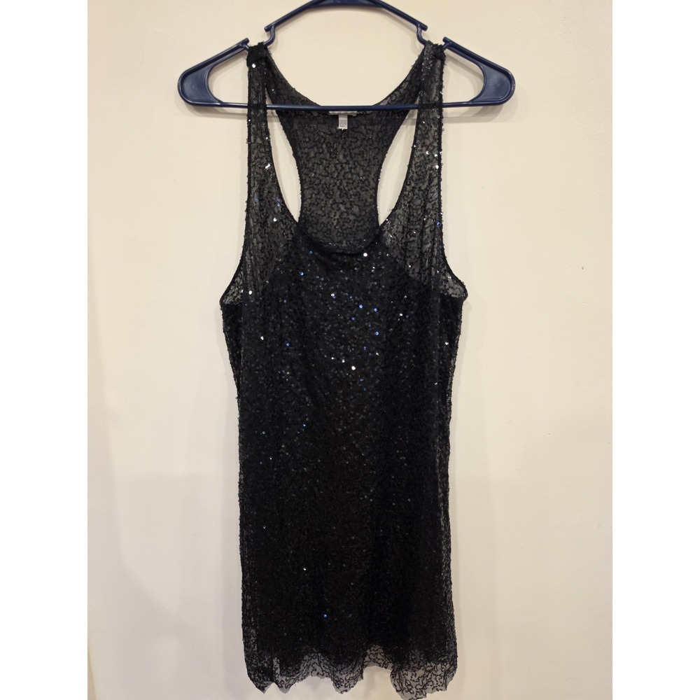 Victoria's Secret Black Sequin Lace Racerback Tunic Tank Top Sheer Medium